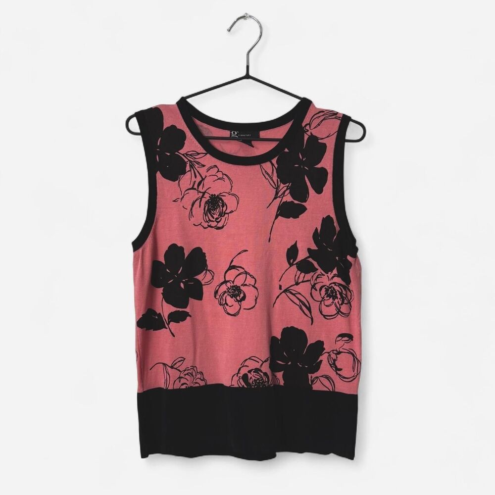 Vintage Chic Pink Black Floral Silk Blend Knit Vest/Sleeveless blouse top Medium